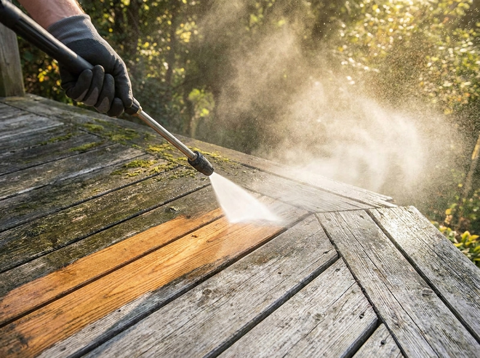 Weathered decking being cleaned, revealing clean timber