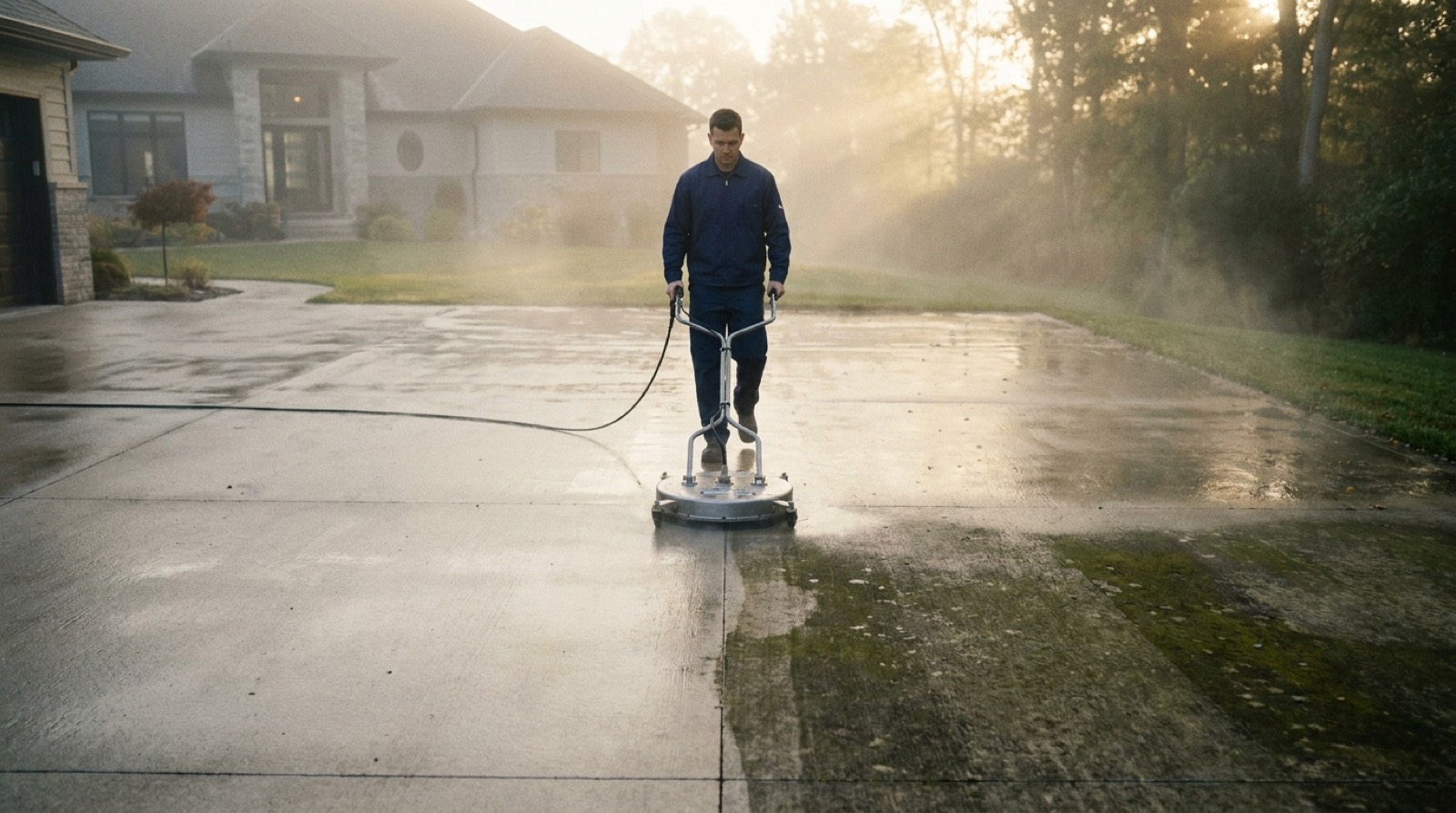 A technician using a rotary surface cleaner on a driveway