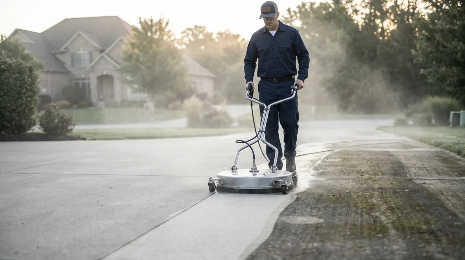 Pressure washing a concrete driveway