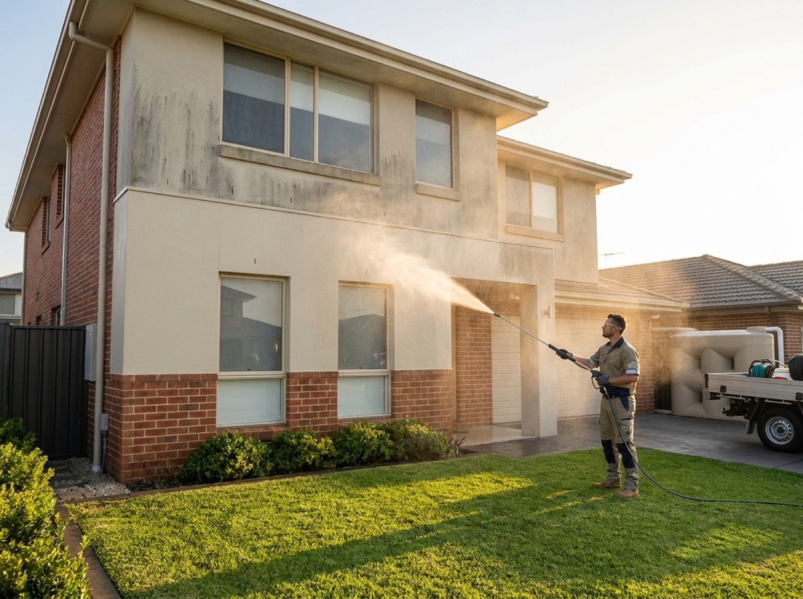 Soft washing house siding at low pressure