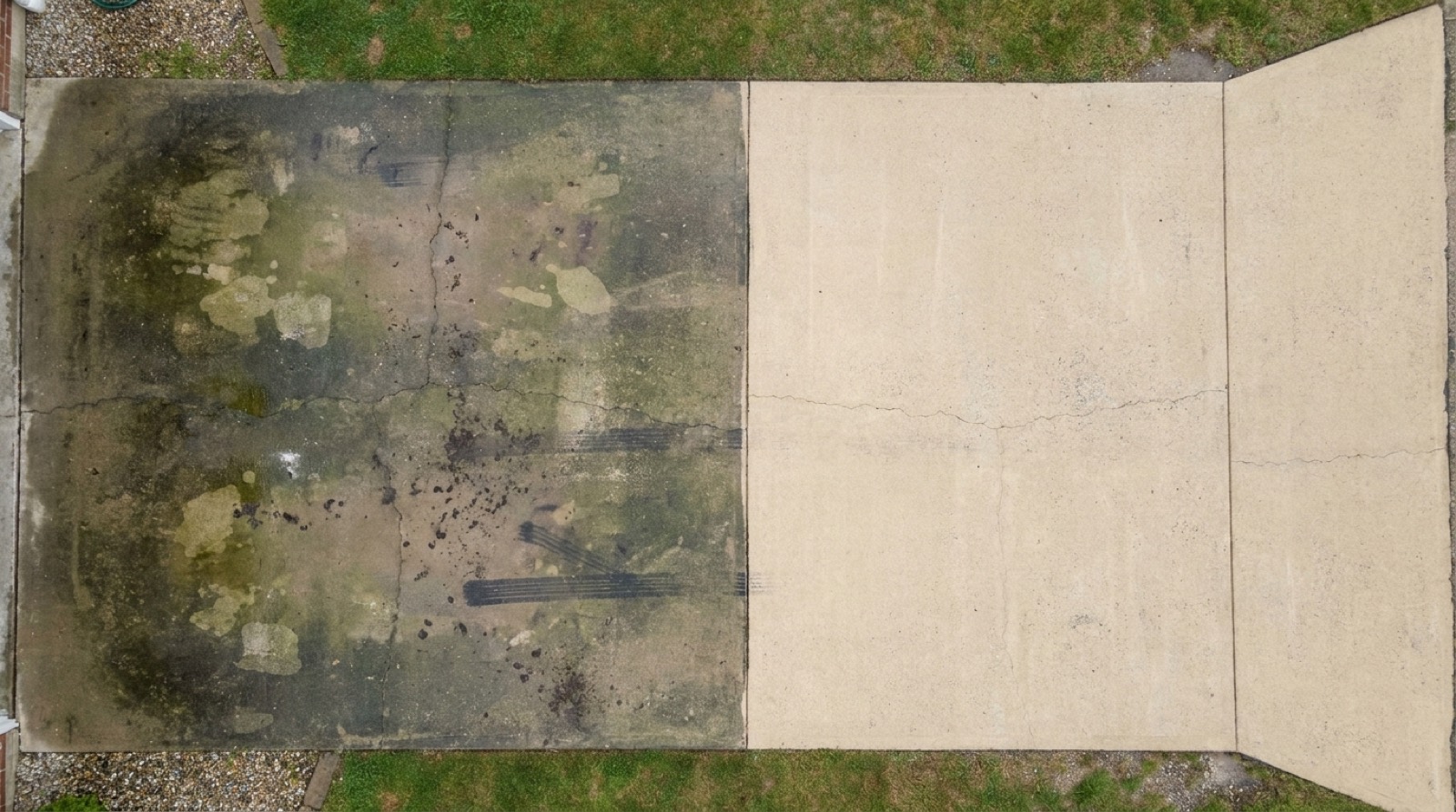 A driveway half cleaned, algae and staining on one side, clean concrete on the other